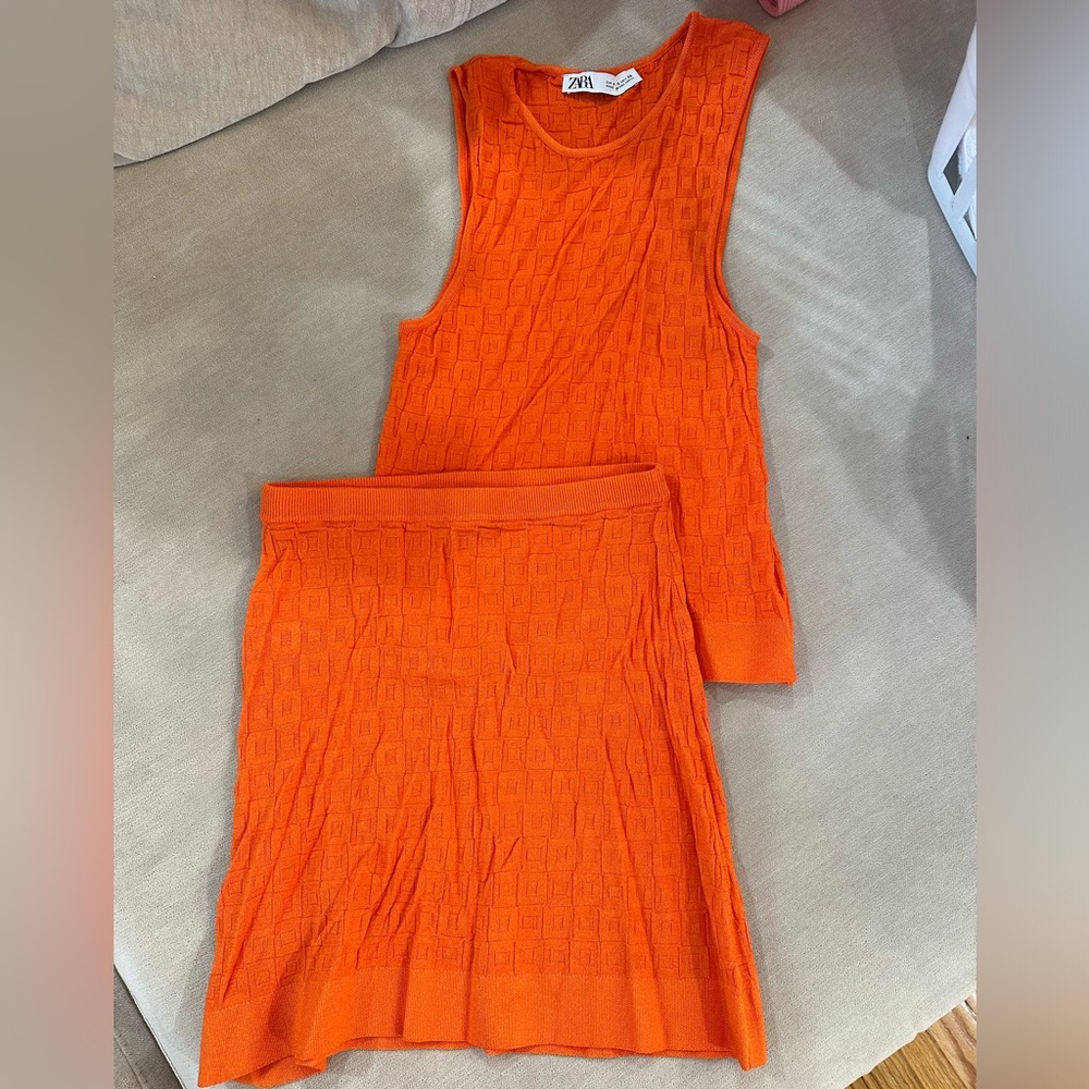 Vibrant Orange Knit Tank and Skirt Set